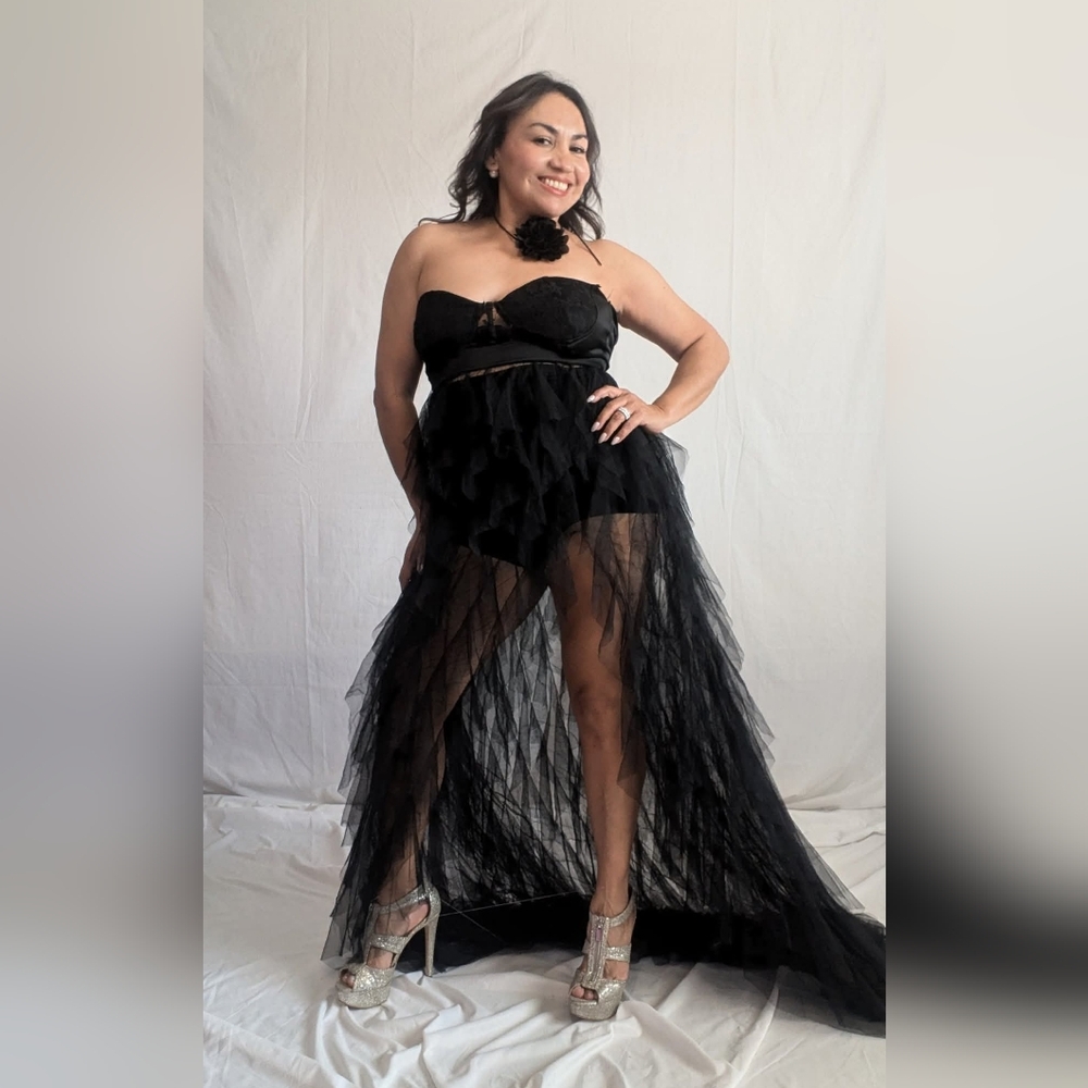 Elegant Black Strapless Gown with Sheer Overlay